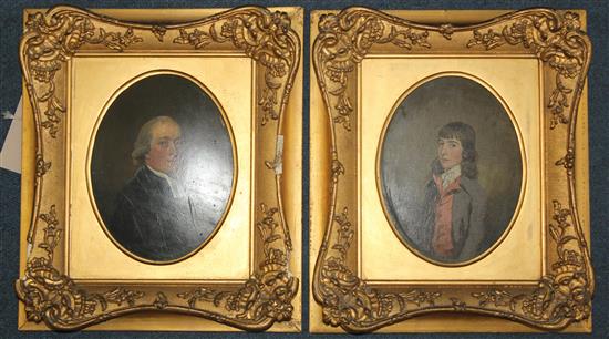 Early 19th century English School Portrait of Rev J. Bourne and companion piece, Rev John Clarke as a Boy, ovals, 6.75 x 5in.